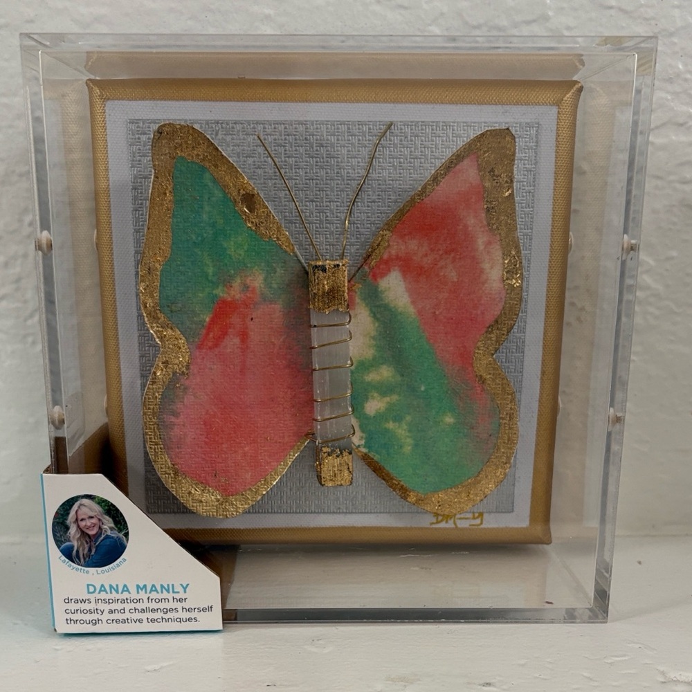 Pink & Green Butterfly Mixed-Media Wall Art with Gold Trim